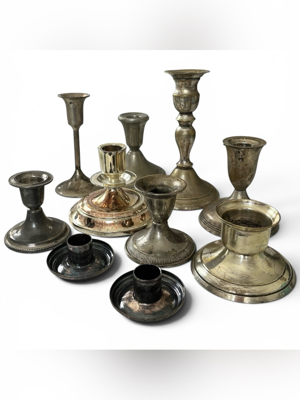 Silverplate Candlestick Lot Nine Silver Plated Candle Holders